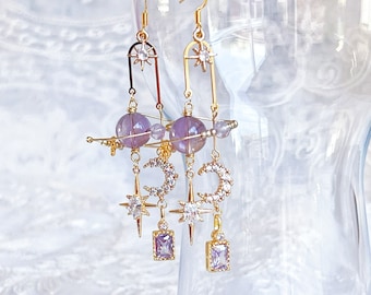 Amethyst Planet Moon and Pole Star Earrings