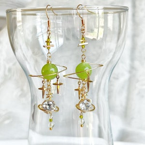 Green Jade Planet and Star Earrings