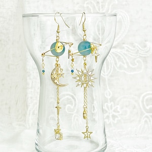 Blue Jadeite Stone Planet Moon and Star Earrings