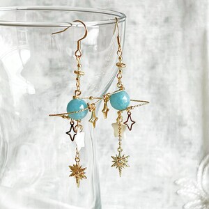 March Birthstone Aquamarine Planet and Star Earrings