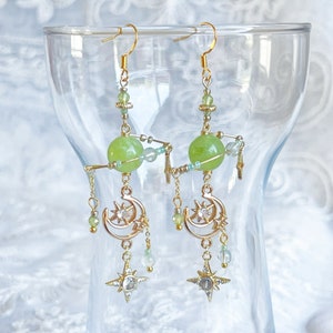 Green Jade Planet and Moon Earrings