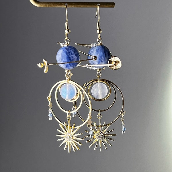Blue Kyanite Neptune Planet Sun and Moonstone Earrings