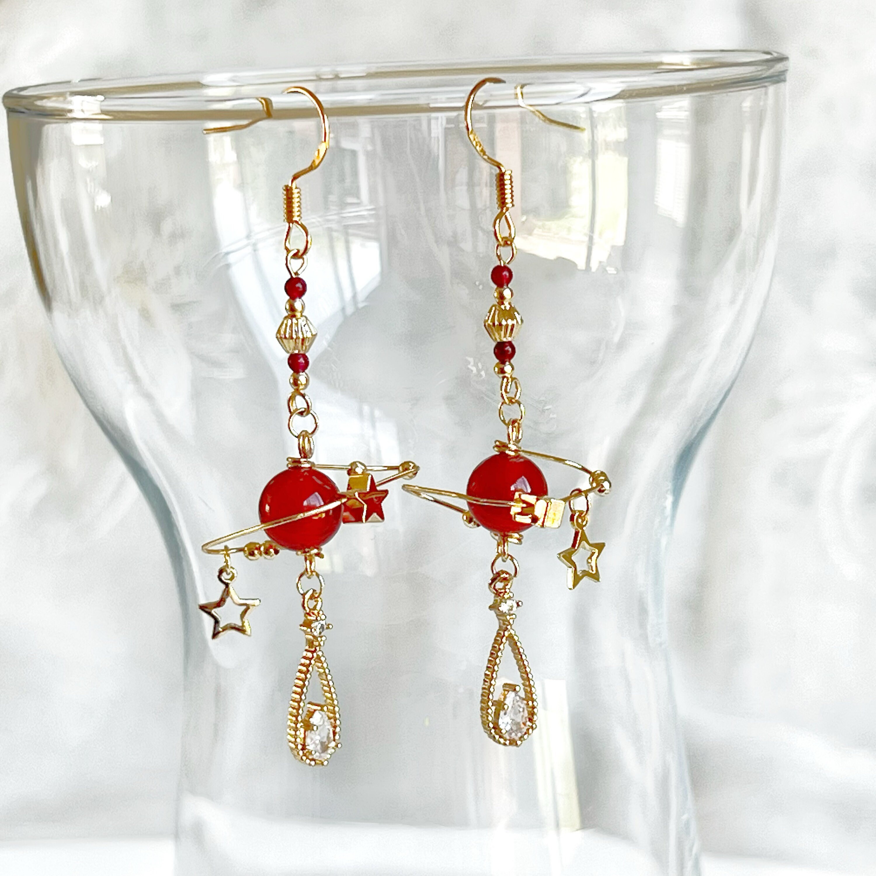 July Birthstone Ruby Planet Drop Earrings