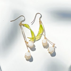 Lily of the Valley Drop Earrings - White flower with leaf earrings