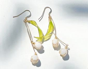 Lily of the Valley Drop Earrings - White flower with leaf earrings