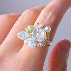 Handmade White Plum Flowers Glass Beaded Ring