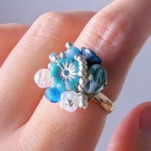 Handmade Blue Plum Flowers Glass Beaded Ring