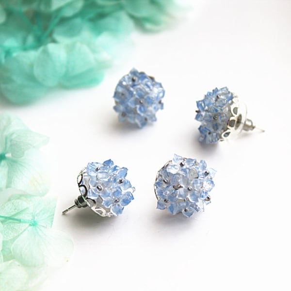 Blue Hydrangea Earrings -  Handmade Summer Hydrangea Flower Shape Statement Earrings with Sterling Silver Stud - free gift box