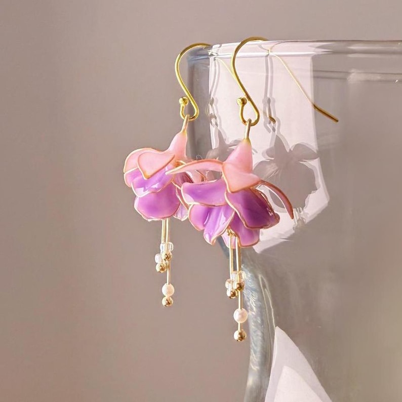 Purple and White Fuchsia Flower Earrings