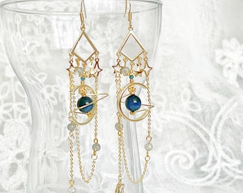 Dark Blue Tiger&#39;s Eye and Moonstone Planet and Stars Drop Earrings