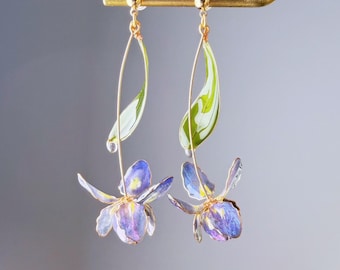 Handmade Blue Purple Iris Resin Flower Earrings