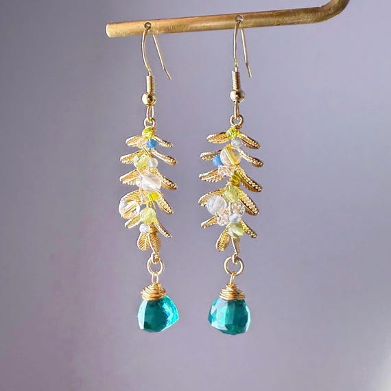 Handmade Golden Leaves with Emerald Green Quartz Crystal Earrings