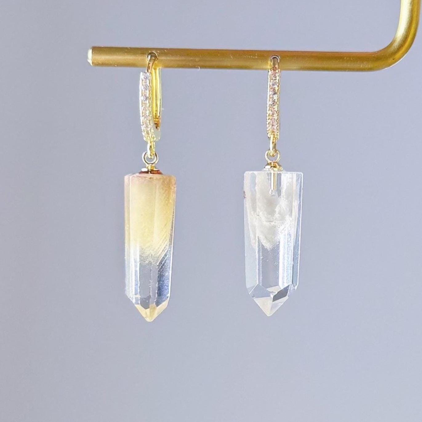 Handmade Natural Phantom Quartz Crystal Hinged Earrings
