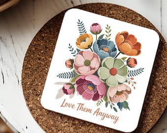 Sous-bocks chrétiens floraux | Citation « Je les aime quand même », ensemble à dos en liège