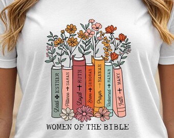 Femmes de la Bible col en V | Illustration florale de la pile de livres