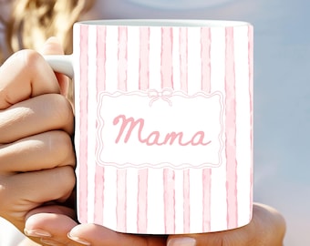 Mama Script Plate - Tasse rayée rose | Céramique 11 oz | Cadeaux Fête des Mères