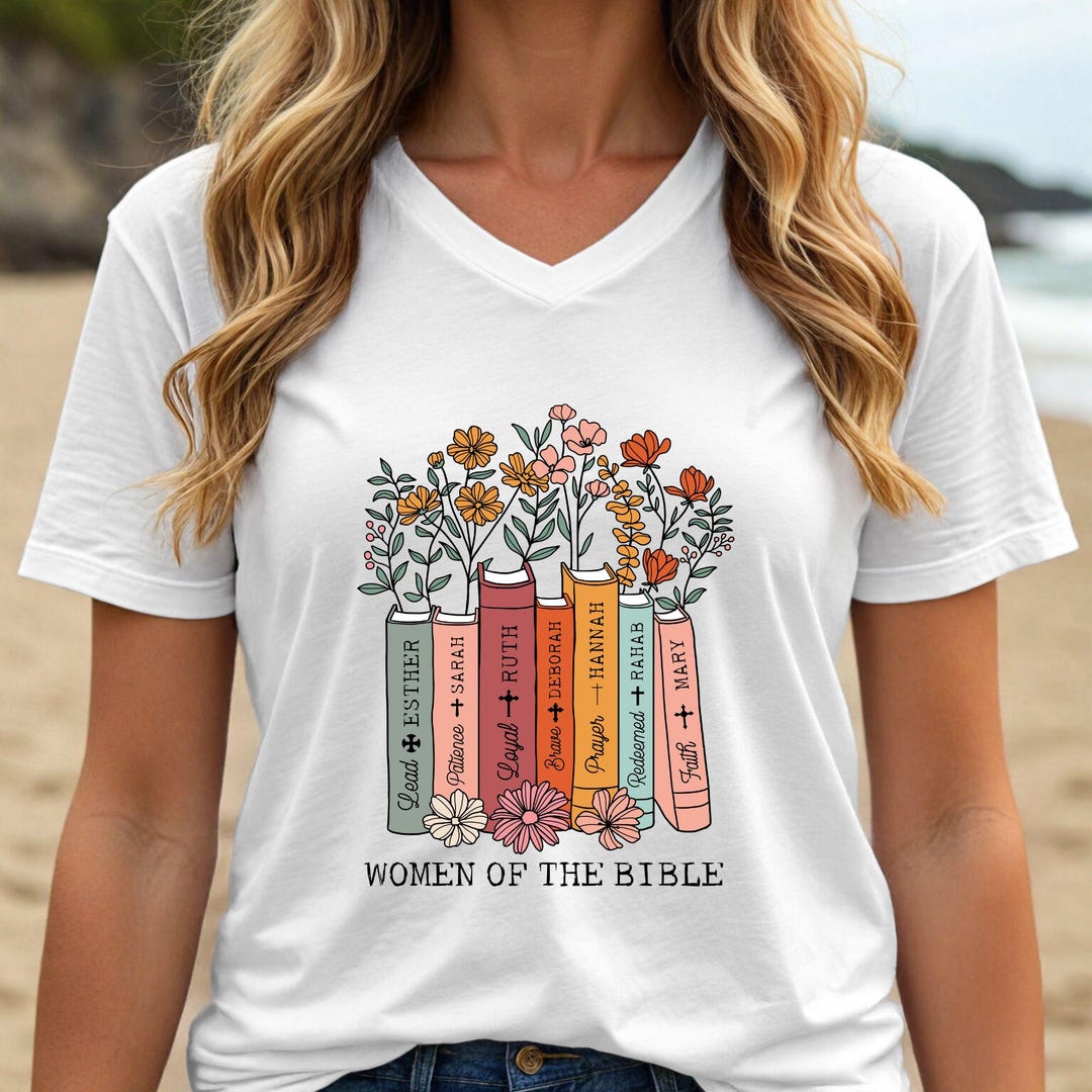 Women of the Bible V-neck | Floral Bookstack Illustration - Etsy