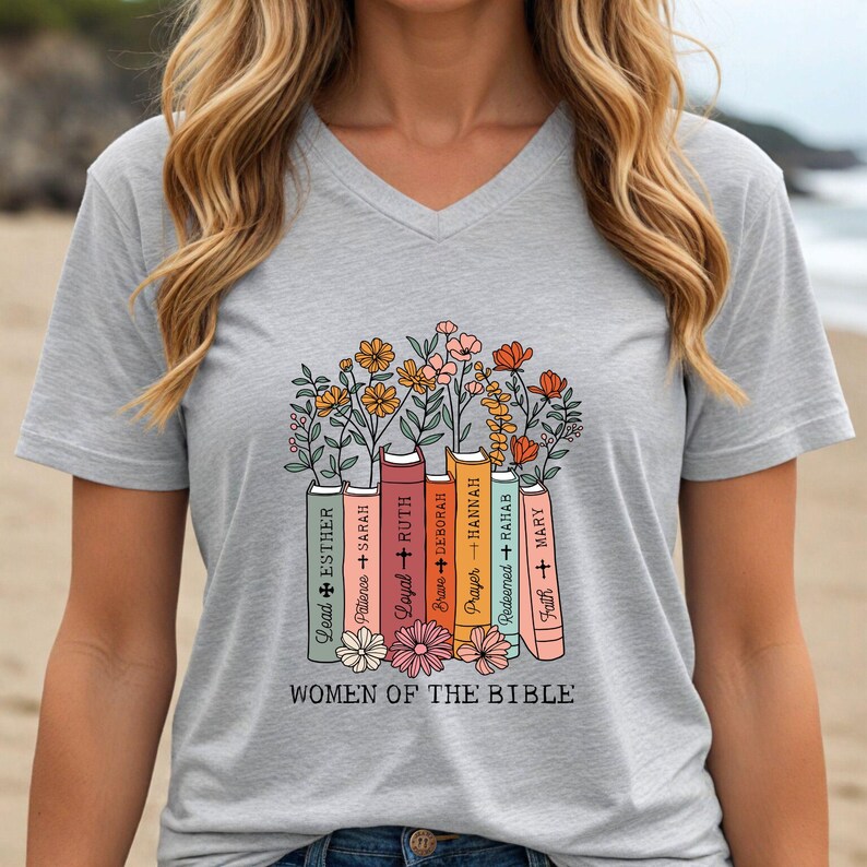 Women of the Bible V-neck | Floral Bookstack Illustration - Etsy