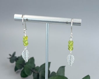 Dainty Peridot Earrings with Silver Leaf Great Gift for Plant Lover - Lime Green Earrings - Whimsical Leaf Jewelry - August Birthstone Gifts