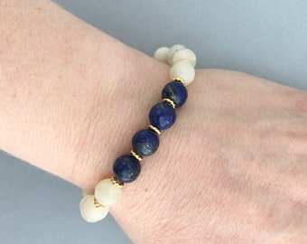 Bracelet de perles lapis lazuli et pierre de lune Excellente idée cadeau pour petite amie - Bracelet extensible de pierres précieuses - Bracelets de fertilité pour femme