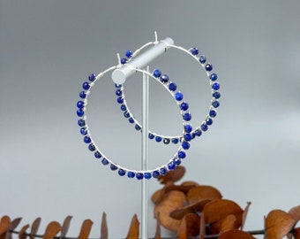 Big Sterling Silver Hoop Earrings Wire Wrapped with Tiny Lapis Lazuli Beads Great Gift Idea for Friend or Sister - Dark Blue Stone Jewelry