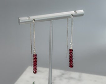 Garnet Sterling Silver Threader Earrings Fantastic Gift for Wife - Pull Through Earrings - Box Chain Earrings - January Birthstone Earrings