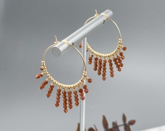 Goldstone Beaded Hoop Earrings Great Gift Idea for Wife or - Tiny Gemstone Earrings - Thin Lightweight Gold Hoops - Sacral Chakra Stone