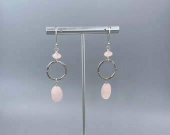 Rose Quartz Crystal Earrings with Sterling Silver Open Circle Great Gift for Girlfriend - Long Light Pink Earrings - Heart Chakra Jewelry
