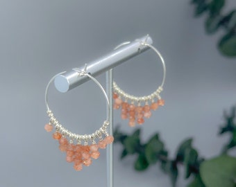 Boucles d'oreilles créoles en argent sterling avec perles en pierre de soleil - Excellente idée cadeau pour femme ou petite amie - Boucles d'oreilles en cristal de guérison pour elle - Pierre d'abondance