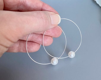 Big Silver Hoop Earrings with Crystallized Pearl Bead Great Gift for Best Friend or Sister  - Thin Lightweight Hoop Earrings - June Earrings