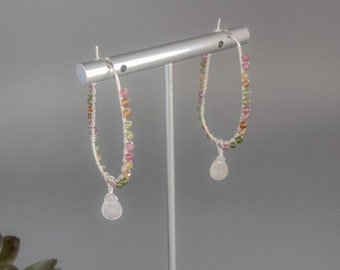 Rainbow Tourmaline Beads with Rose Quartz Teardrop Wire Wrapped on Oblong Sterling Silver Hoops - Tiny Gemstone Earrings- October Birthstone