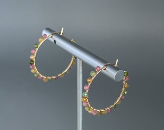 Rainbow Tourmaline Gold Filled Hoop Earrings Great October Birthday Gift Idea for Wife - Healing Crystal Earrings - Tiny Gemstone Earrings
