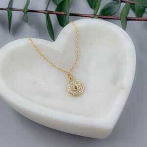 Gold Evil Eye Charm Necklace on Gold Filled Chain Great Gift for Girlfriend - Sparkly Blue Third Eye Protection Necklace for Everyday Wear