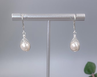 Small Crystallized Pearl Drop Earrings Great Gift Idea for Bridesmaids - Sterling Silver Herringbone Wire Wrapped Earrings - June Earrings