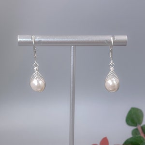 Small Crystallized Pearl Drop Earrings Great Gift Idea for Bridesmaids - Sterling Silver Herringbone Wire Wrapped Earrings - June Earrings