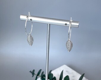 Simple Silver Hoops with Dangling Leaf Charm Great Gift for Girlfriend or Wife - Lightweight Hoop Earring for Everyday -Nature Lover Jewelry