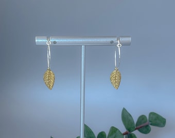 Sterling Silver Small Hoop Earrings with Dangling Gold Leaf Great Gift for Mom or Wife - Two Tone Mixed Metal Earrings - Lightweight Hoops