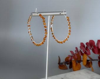 Sterling Silver Hoops Wire Wrapped with Tiny Citrine Beads Gift Idea for Girlfriend or Wife - Citrine Birthstone Jewelry - Prosperity Stone