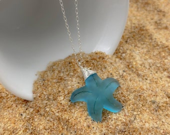 Turquoise Sea Glass Starfish Pendant Necklace on Sterling Silver Chain Great Beachcomber Gift Idea - Beachy Jewelry for Her - Tumbled Glass