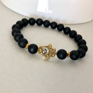 Hamsa Hand Beaded Bracelet Yoga Teacher Gift Black Onyx Strength Bracelet Protection Gemstone Stretchy Bracelets Good Luck Jewelry image 3