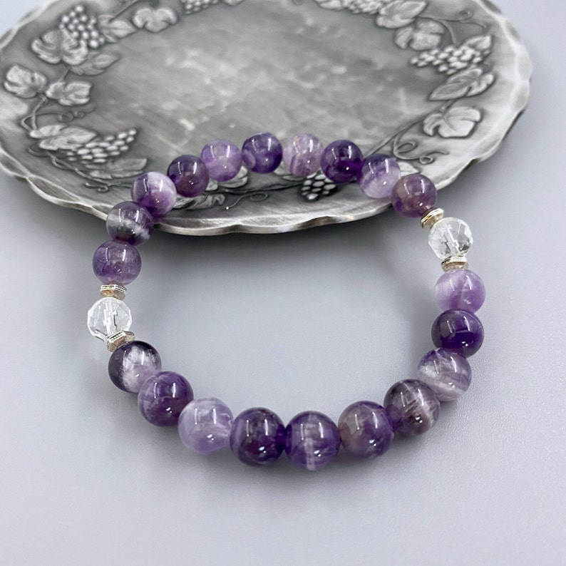 Amethyst and Silver Beaded Bracelet Gift Idea for Sister or Friend Crown Chakra Bracelet February Birthstone Bracelet for Women 7.0 Inches