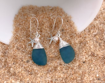 Pendants d'oreilles de plage bleu sarcelle en verre avec breloques étoiles de mer argentées, cadeau pour les amoureux de la grande mer - Bijoux côtiers - Boucles d'oreilles étoile de mer - Boucles d'oreilles de plage