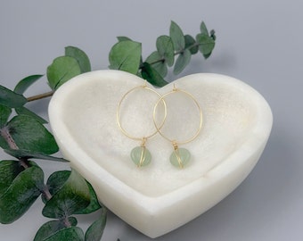 Aventurine Earrings Gift for Girlfriend Ideas  -  Light Green Earrings for Everyday  - Thin Gold Hoops with Gemstone -  Prosperity Jewelry