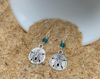 Silver Sand Dollar Drop Earrings with Teal Blue Beach Glass Great Gift Idea for Sea Lovers - Sea Life Earrings - Ocean Inspired Jewelry