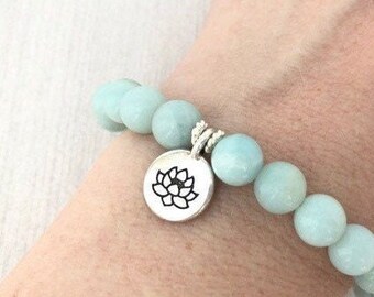 Amazonite Beaded Bracelet with Silver Lotus Charm Great Gift  for Yoga Lover - Zen Jewelry - Stretchy Gemstone Bracelet - Calming Jewelry