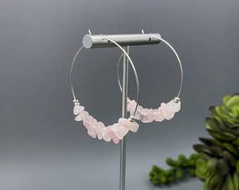 Rose Quartz Chips on Sterling Silver Hoops Great Gift Idea for Girlfriend or Wife - Calming Crystals - Pale Pink Earrings - Gemstone Hoops