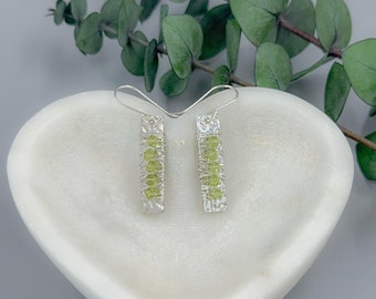 Silver Hammered Bar Earrings Wire Wrapped with Tiny Peridot Beads Great August Birthday Gift Idea - Lime Green Earrings - Abundance Crystals