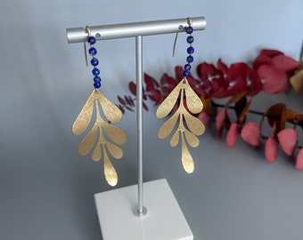 Long Brass Leaf Statement Earrings with Lapis Lazuli Great Gift for Wife or Friend - Big Bold Lightweight Earrings - Nature Lover Earrings