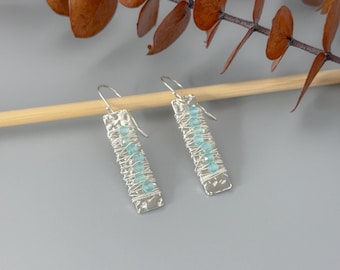 Silver Hammered Bar Earrings Wire Wrapped with Tiny Apatite Beads Great Gift Idea for Wife from Husband - Apatite Earrings - Throat Chakra