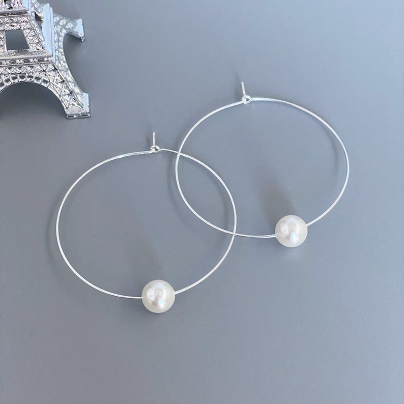 Big Silver Hoop Earrings with Crystallized Pearl Bead Great Gift for Best Friend or Sister Thin Lightweight Hoop Earrings June Earrings image 10